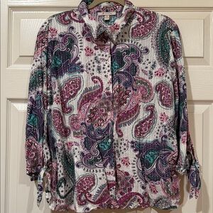 White Button-Up Blouse with Purple & Teal Paisley